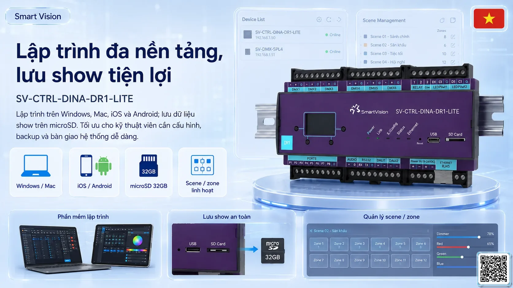 SV-CTRL-DINA-DR1-LITE SV-CTRL-DINA-DR1-LITE DIN Rail Network DMX Controller Bộ điều khiển DMX, Nhạc nước DMX, Đèn DMX, Bơm DMX, hệ thống ánh sáng DMX