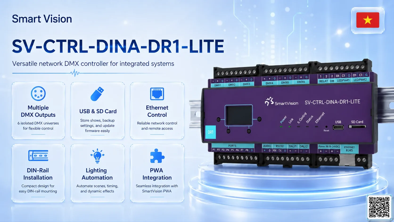SV-CTRL-DINA-DR1-LITE SV-CTRL-DINA-DR1-LITE DIN Rail Network DMX Controller DMX Controller, DMX fountain, DMX Nozzle, DMX Pumps, DMX software, DMX Lighting