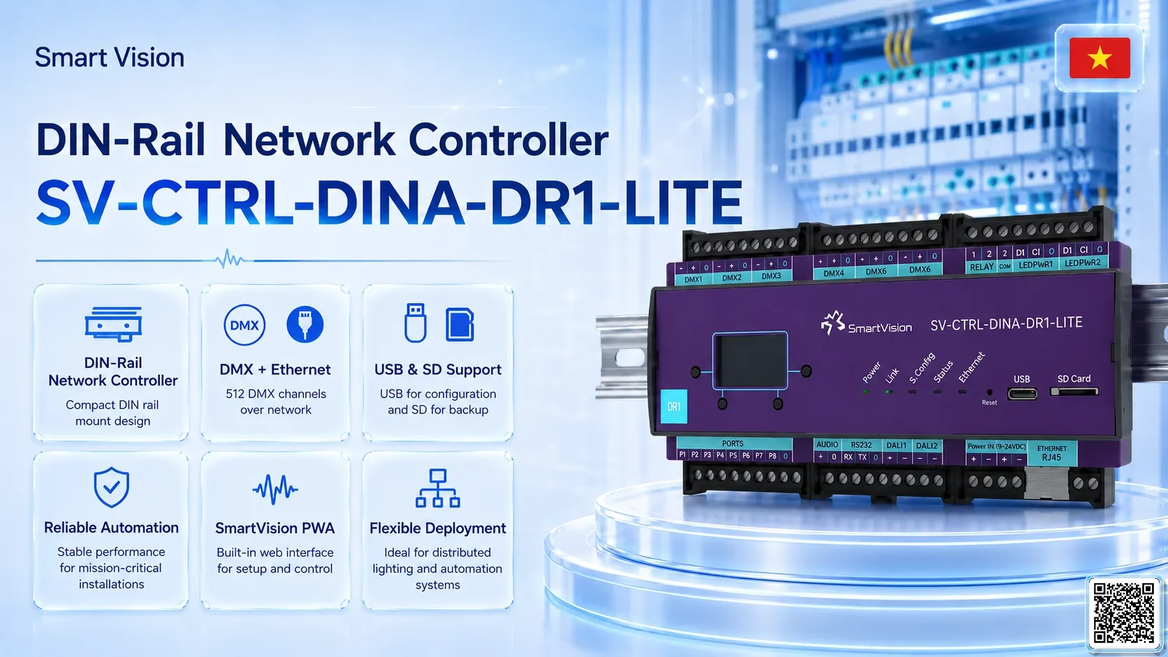 SV-CTRL-DINA-DR1-LITE SV-CTRL-DINA-DR1-LITE DIN Rail Network DMX Controller DMX Controller, DMX fountain, DMX Nozzle, DMX Pumps, DMX software, DMX Lighting