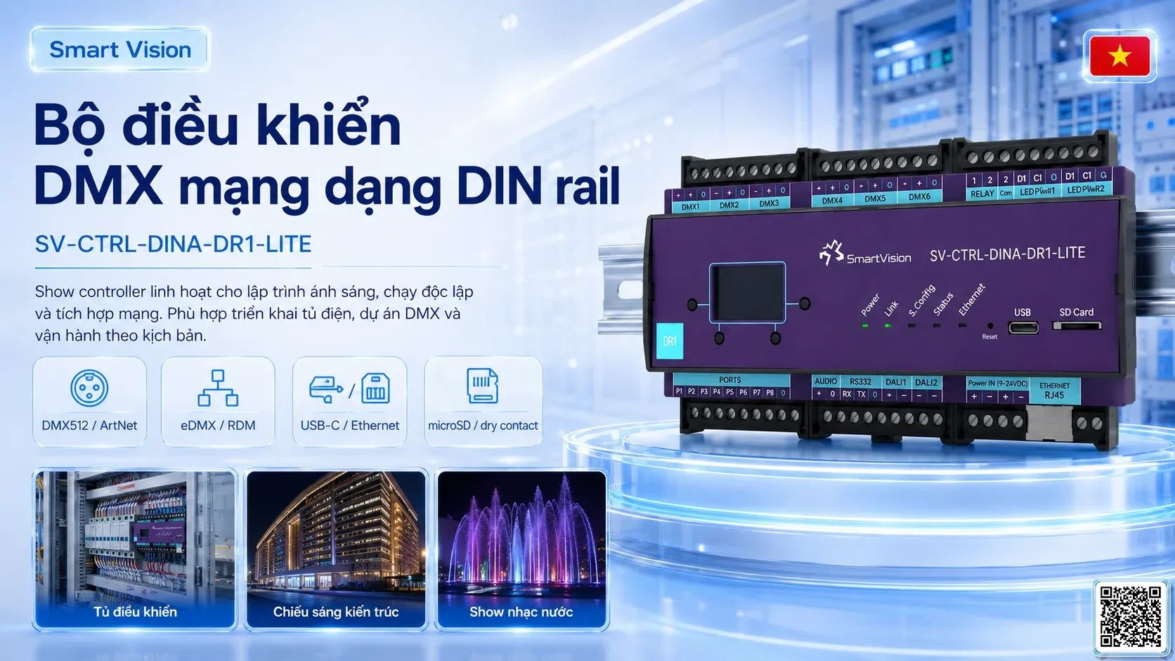 SV-CTRL-DINA-DR1-LITE SV-CTRL-DINA-DR1-LITE DIN Rail Network DMX Controller Bộ điều khiển DMX, Nhạc nước DMX, Đèn DMX, Bơm DMX, hệ thống ánh sáng DMX