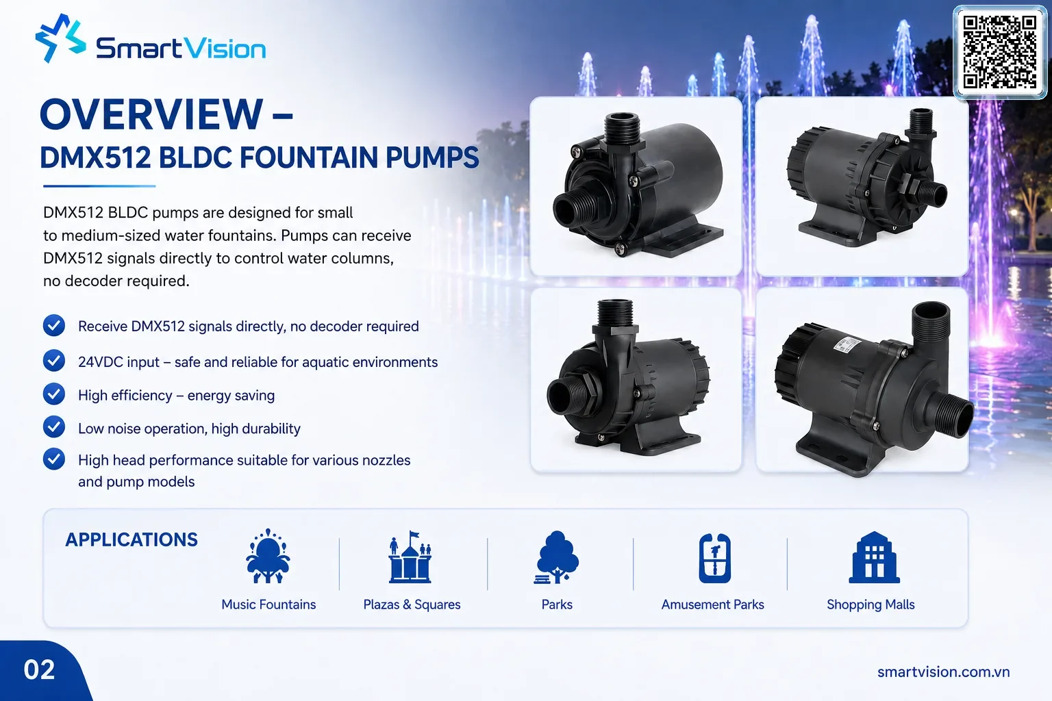 SV-DMX-BLDC SV-DMX-BLDC 24V BLDC Fountain Pump with Integrated DMX512 Control Smart Vision Supply DMX 512 fountain pump