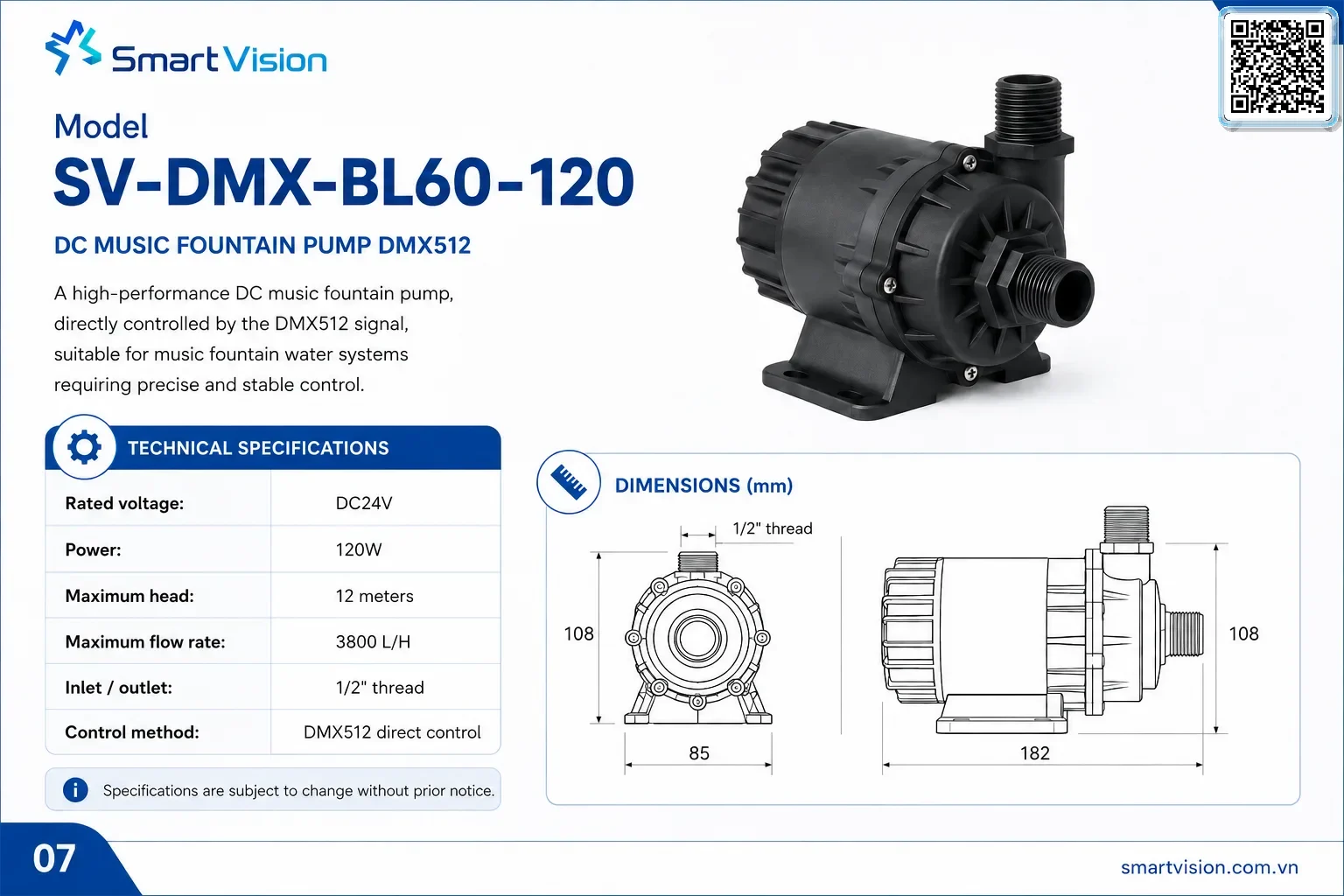 SV-DMX-BLDC SV-DMX-BLDC 24V BLDC Fountain Pump with Integrated DMX512 Control Smart Vision Supply DMX 512 fountain pump