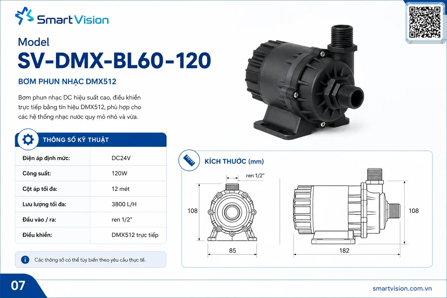 SV-DMX-BLDC SV-DMX-BLDC 24V BLDC Fountain Pump with Integrated DMX512 Control Smart Vision cung cấp bơm DMX 512