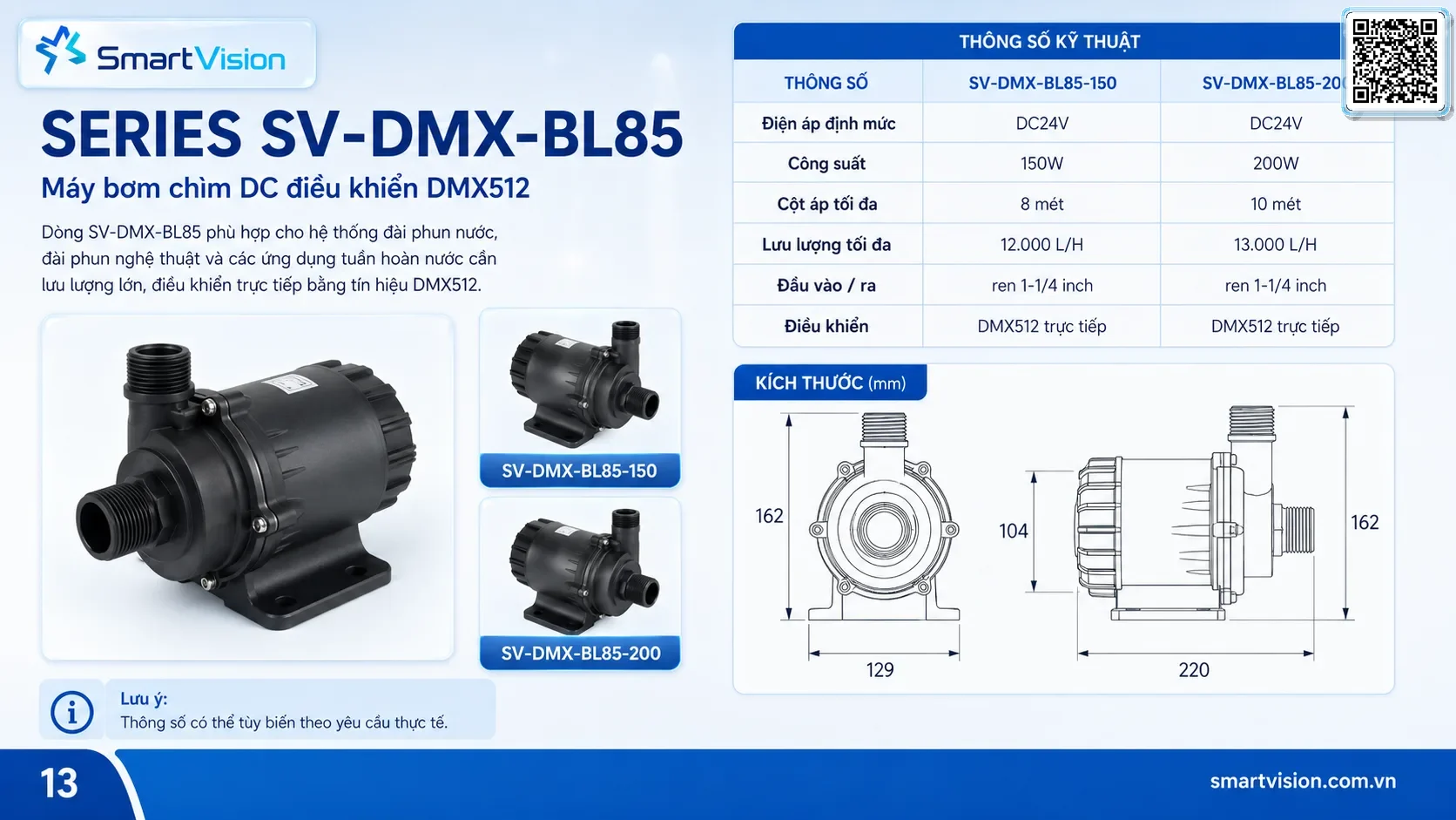 SV-DMX-BLDC SV-DMX-BLDC 24V BLDC Fountain Pump with Integrated DMX512 Control Smart Vision cung cấp bơm DMX 512