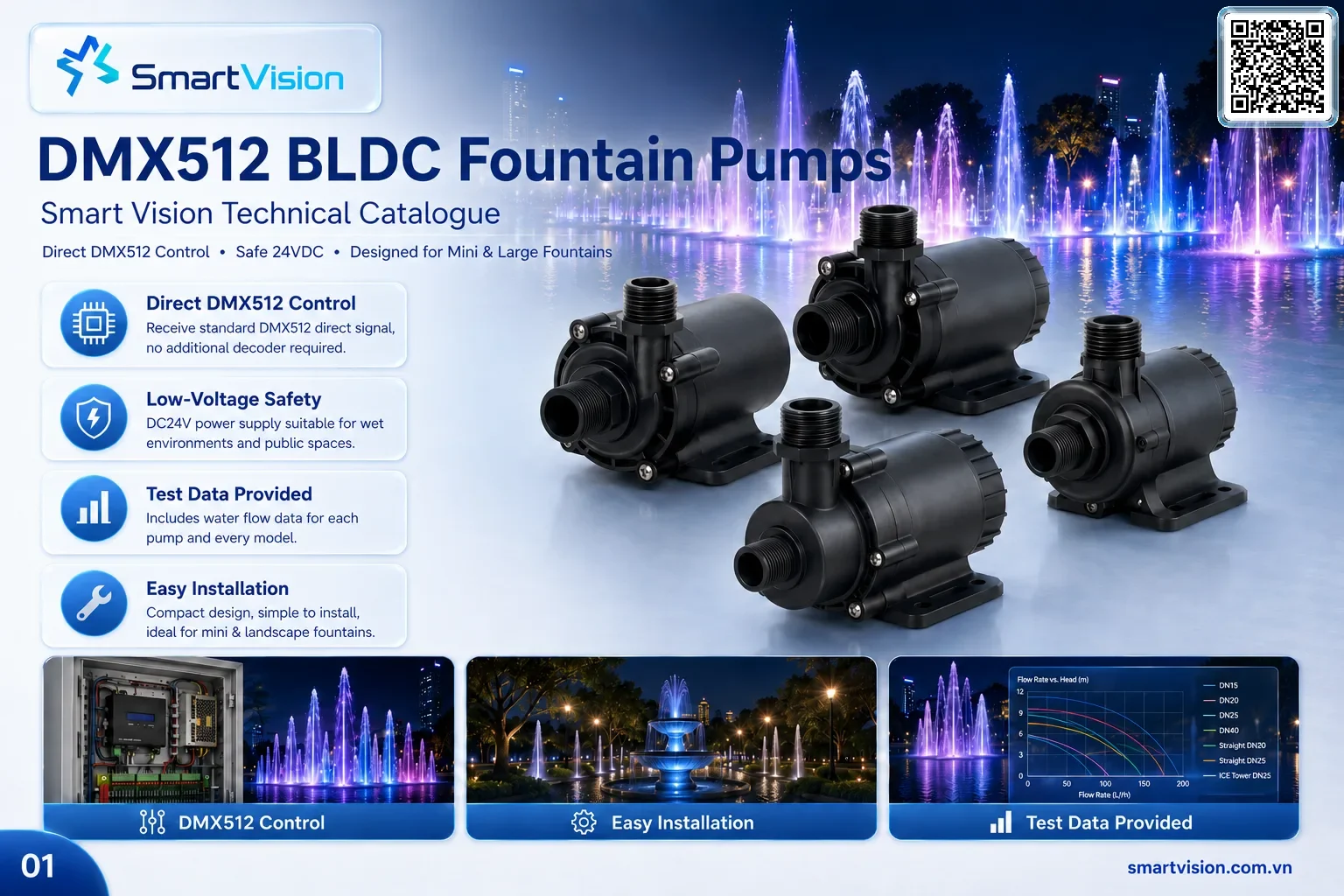 SV-DMX-BLDC SV-DMX-BLDC 24V BLDC Fountain Pump with Integrated DMX512 Control Smart Vision Supply DMX 512 fountain pump
