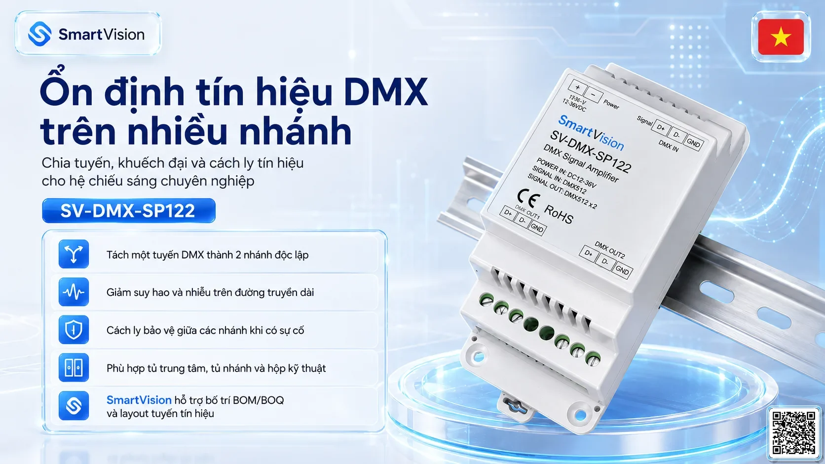 SV-DMX-SP122 SV-DMX-SP122 DIN Rail 1-in/2-out DMX Splitter Bộ điều khiển DMX, Nhạc nước DMX, Đèn DMX, Bơm DMX, hệ thống ánh sáng DMX