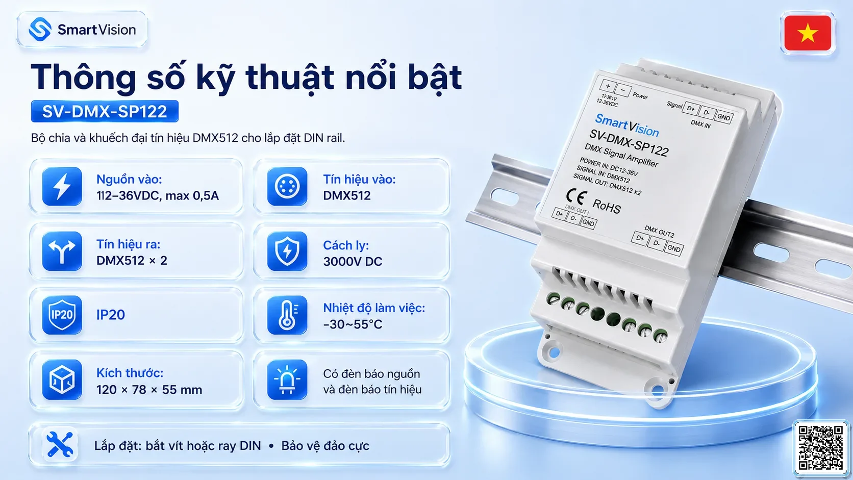 SV-DMX-SP122 SV-DMX-SP122 DIN Rail 1-in/2-out DMX Splitter Bộ điều khiển DMX, Nhạc nước DMX, Đèn DMX, Bơm DMX, hệ thống ánh sáng DMX