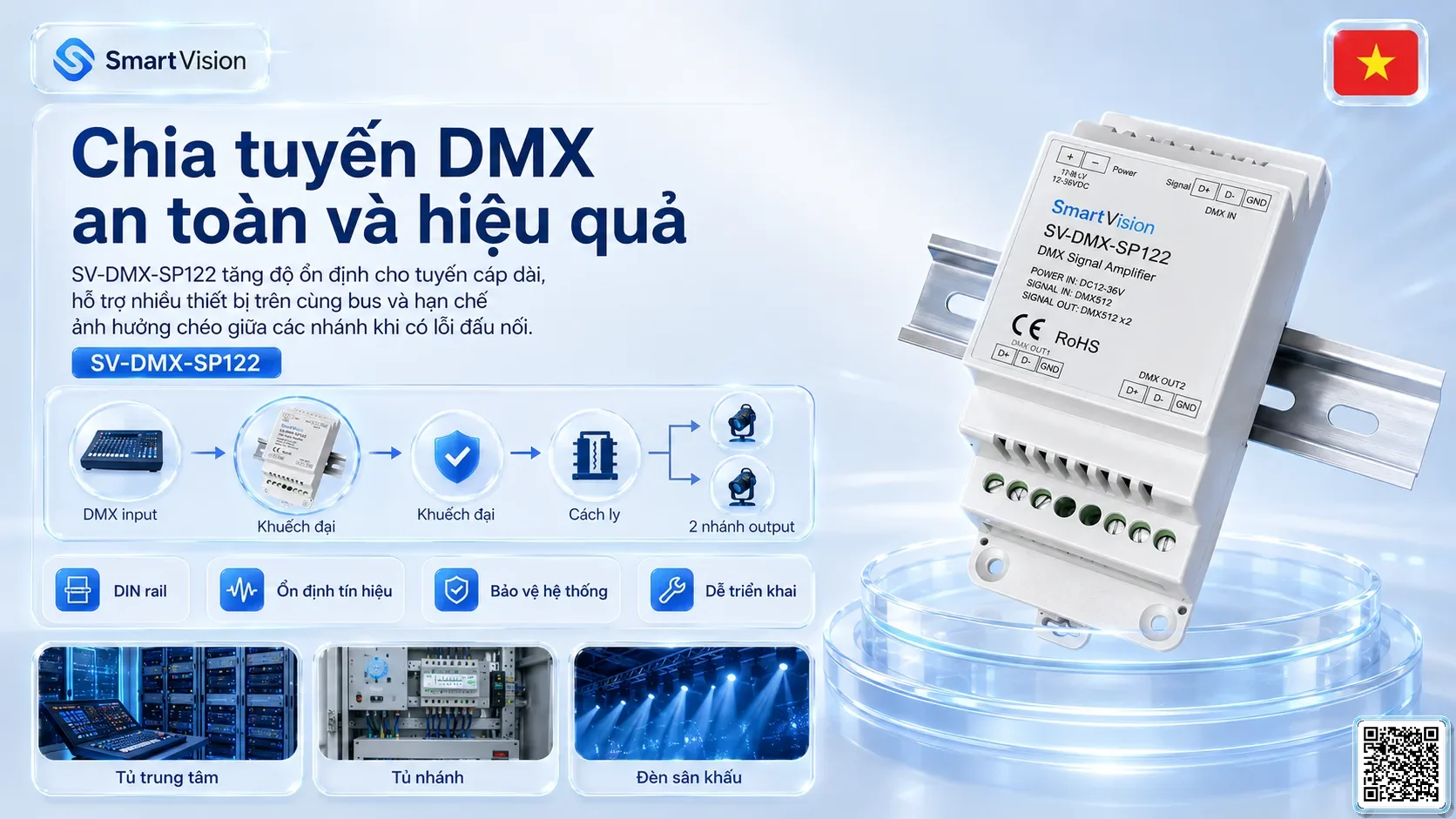 SV-DMX-SP122 SV-DMX-SP122 DIN Rail 1-in/2-out DMX Splitter Bộ điều khiển DMX, Nhạc nước DMX, Đèn DMX, Bơm DMX, hệ thống ánh sáng DMX