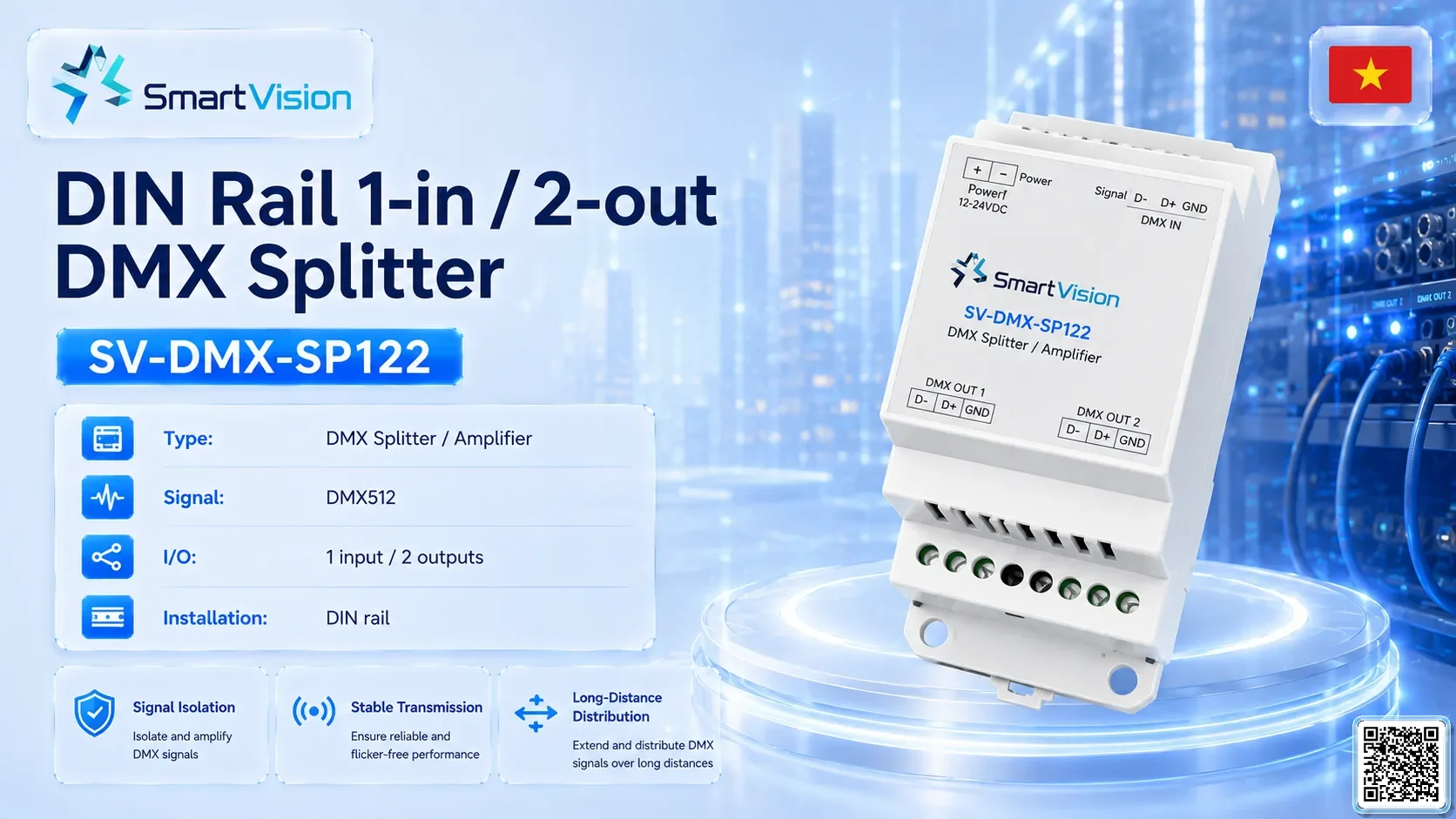 SV-DMX-SP122 SV-DMX-SP122 DIN Rail 1-in/2-out DMX Splitter DMX Controller, DMX fountain, DMX Nozzle, DMX Pumps, DMX software, DMX Lighting