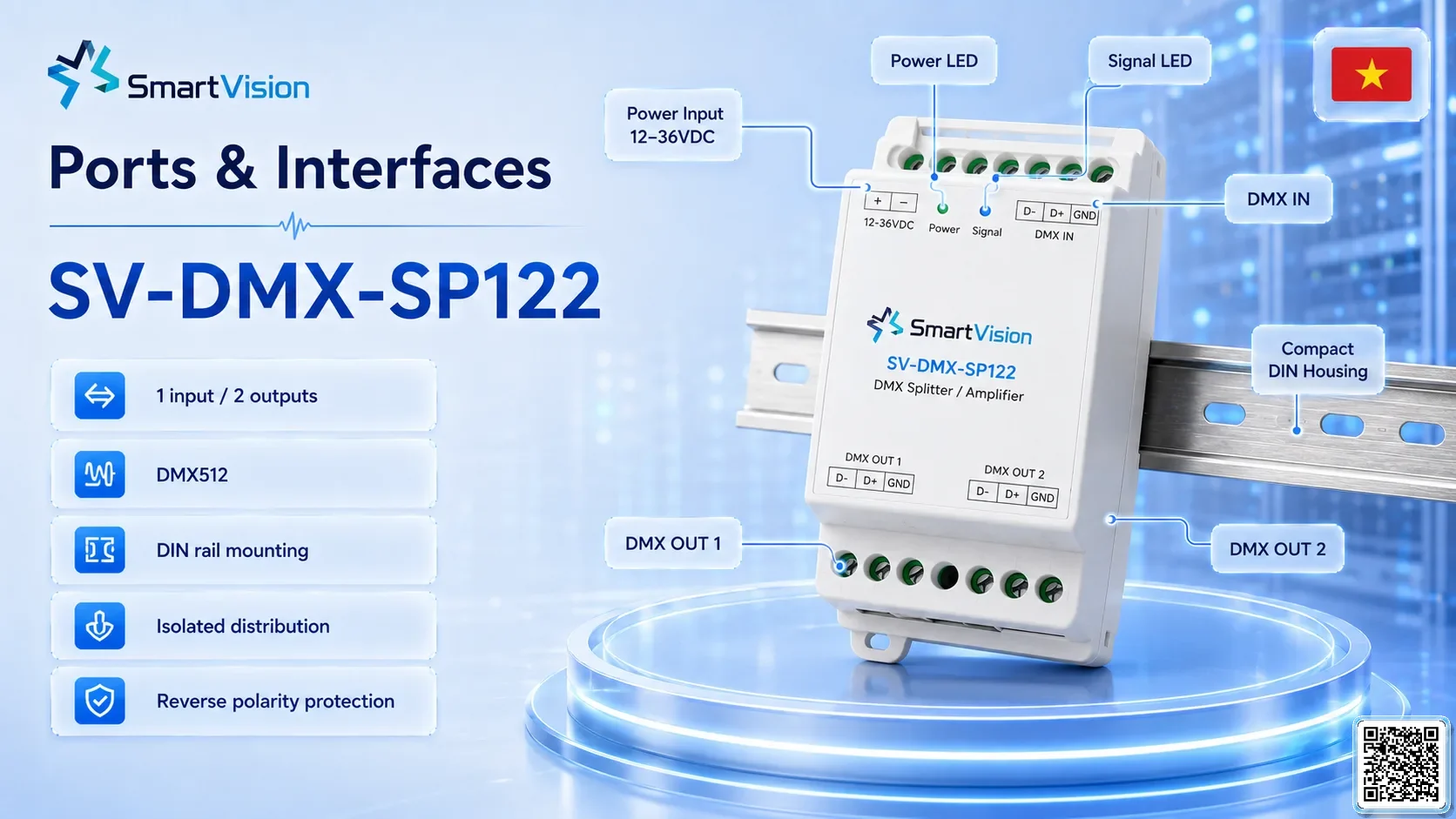 SV-DMX-SP122 SV-DMX-SP122 DIN Rail 1-in/2-out DMX Splitter DMX Controller, DMX fountain, DMX Nozzle, DMX Pumps, DMX software, DMX Lighting