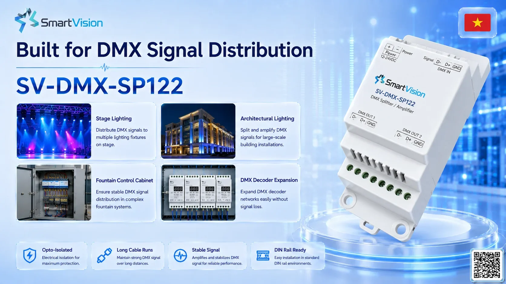 SV-DMX-SP122 SV-DMX-SP122 DIN Rail 1-in/2-out DMX Splitter DMX Controller, DMX fountain, DMX Nozzle, DMX Pumps, DMX software, DMX Lighting