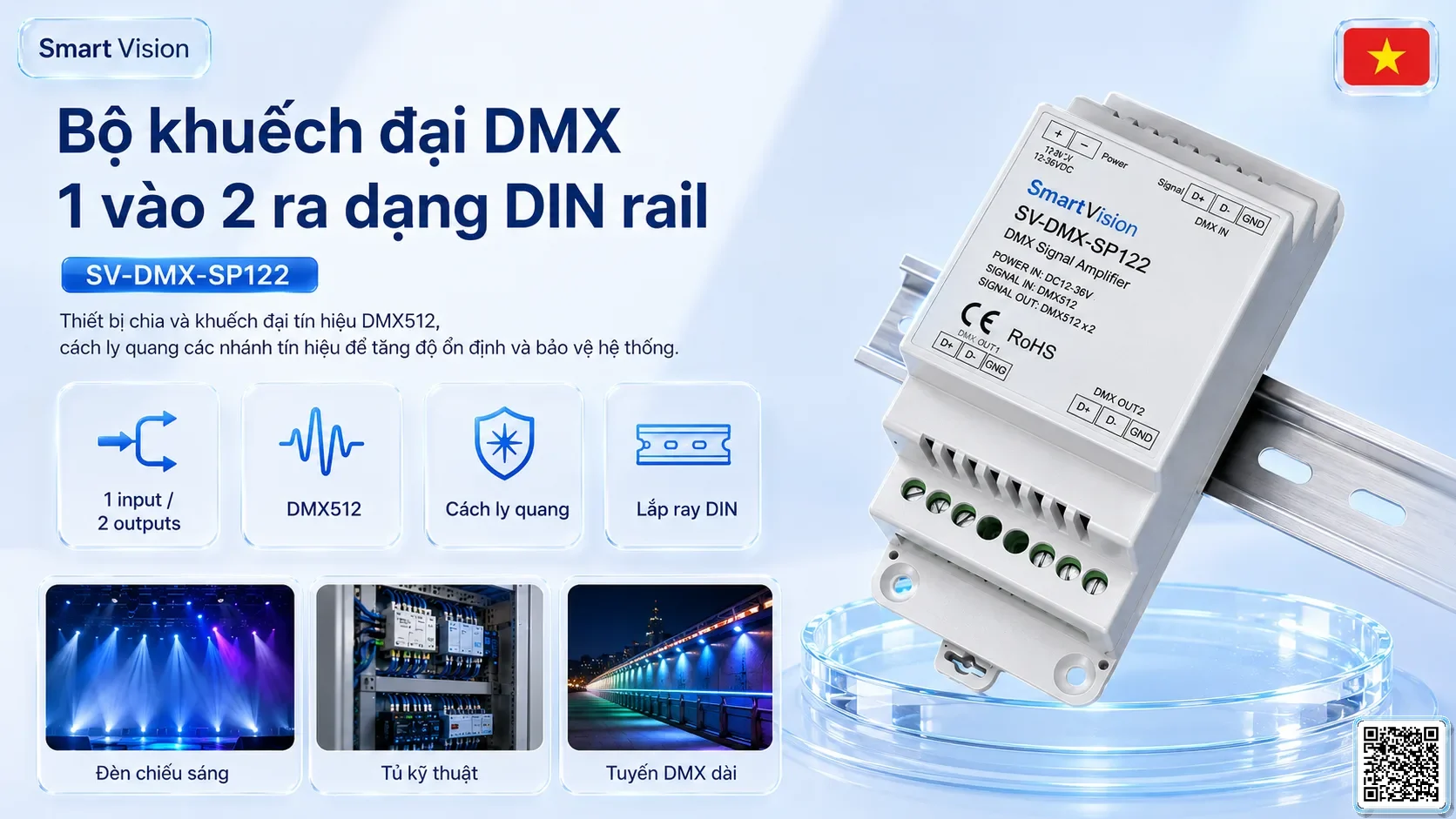 SV-DMX-SP122 SV-DMX-SP122 DIN Rail 1-in/2-out DMX Splitter Bộ điều khiển DMX, Nhạc nước DMX, Đèn DMX, Bơm DMX, hệ thống ánh sáng DMX