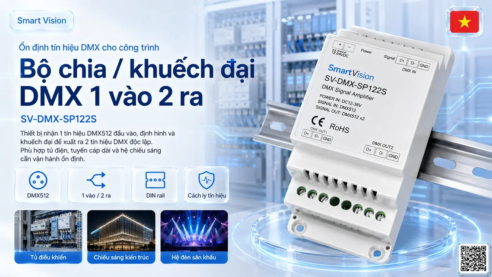 SV-DMX-SP122S SV-DMX-SP122S 1-in / 2-out DMX Signal Splitter Bộ điều khiển DMX, Nhạc nước DMX, Đèn DMX, Bơm DMX, hệ thống ánh sáng DMX