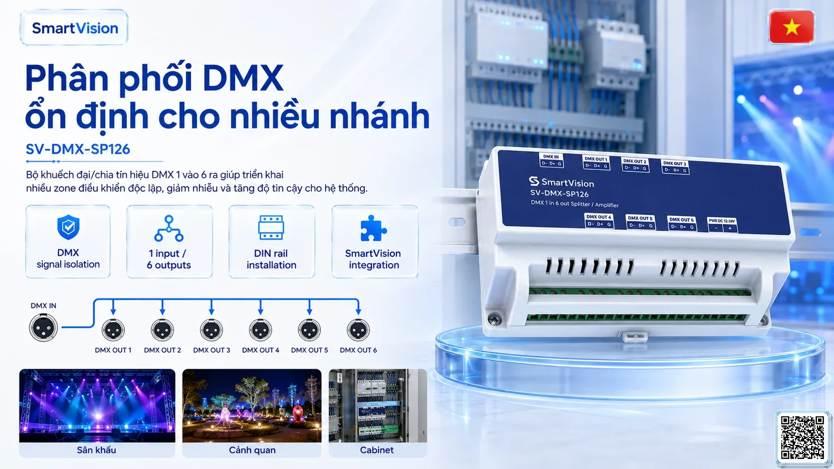 SV-DMX-SP126 SV-DMX-SP126 DIN Rail 1-in/6-out DMX Splitter Bộ điều khiển DMX, Nhạc nước DMX, Đèn DMX, Bơm DMX, hệ thống ánh sáng DMX
