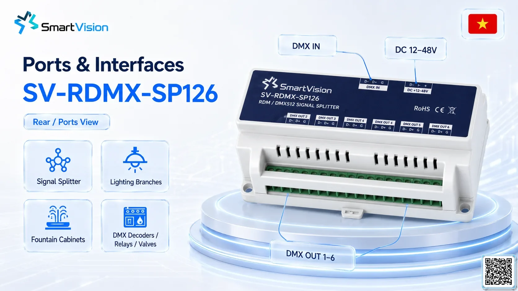 SV-DMX-SP126 SV-DMX-SP126 DIN Rail 1-in/6-out DMX Splitter DMX Controller, DMX fountain, DMX Nozzle, DMX Pumps, DMX software, DMX Lighting