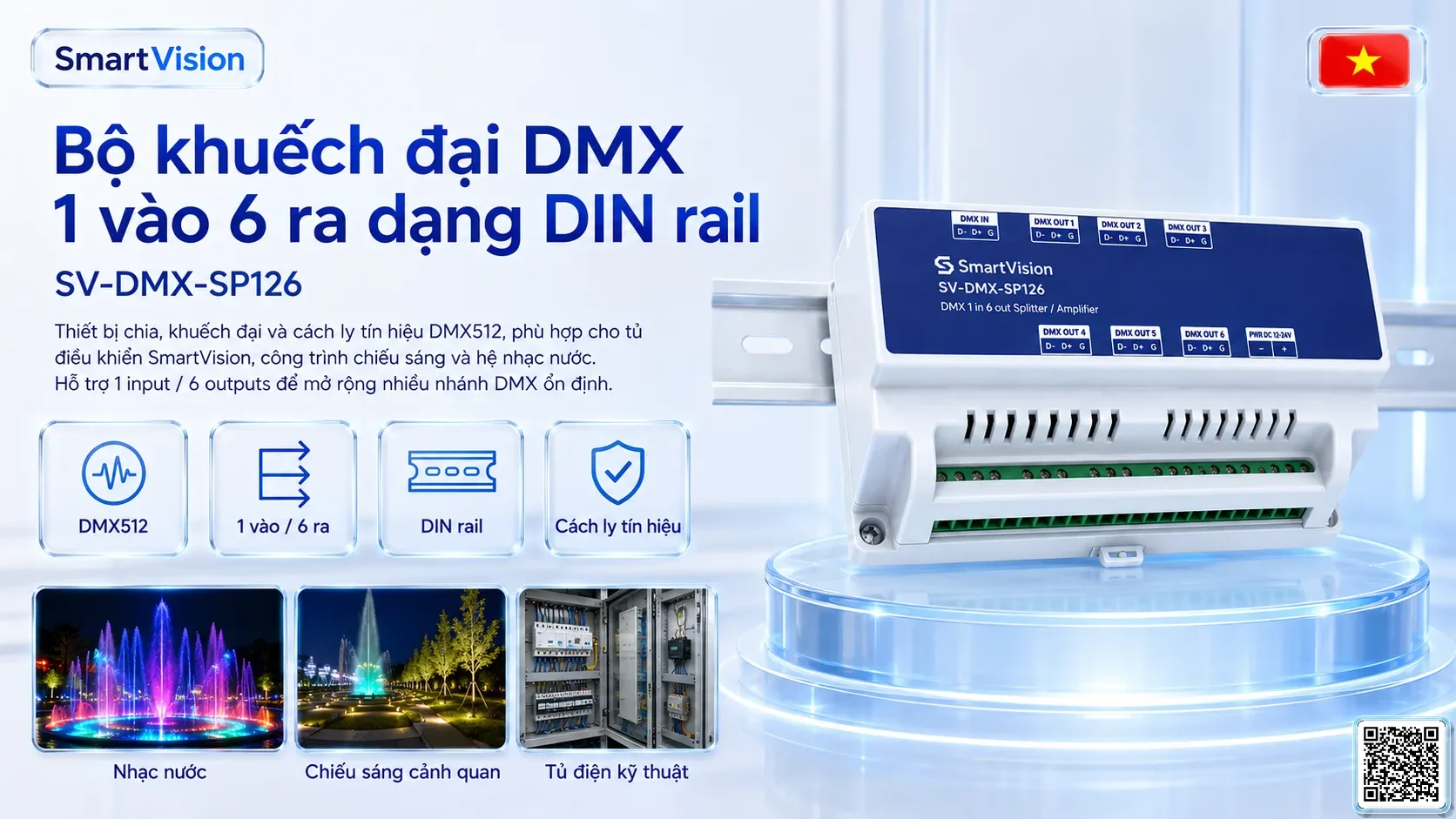 SV-DMX-SP126 SV-DMX-SP126 DIN Rail 1-in/6-out DMX Splitter Bộ điều khiển DMX, Nhạc nước DMX, Đèn DMX, Bơm DMX, hệ thống ánh sáng DMX