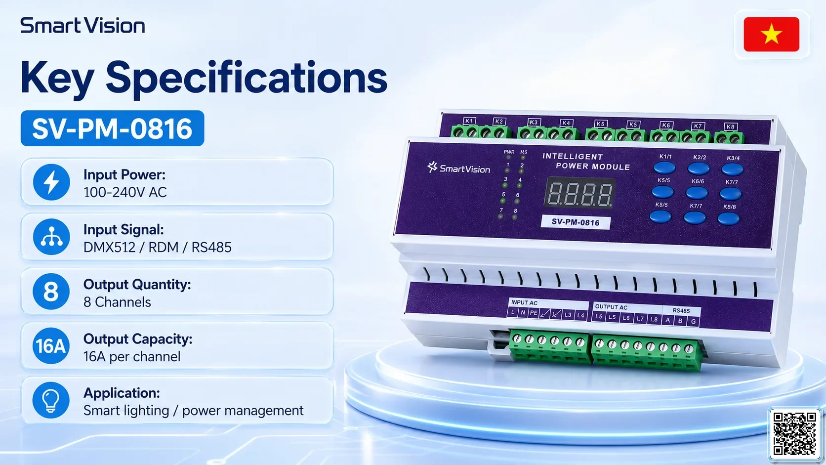 SV-PM-0816 SV-PM-0816 8-Channel 16A Smart Lighting Power Module DMX Controller, DMX fountain, DMX Nozzle, DMX Pumps, DMX software, DMX Lighting