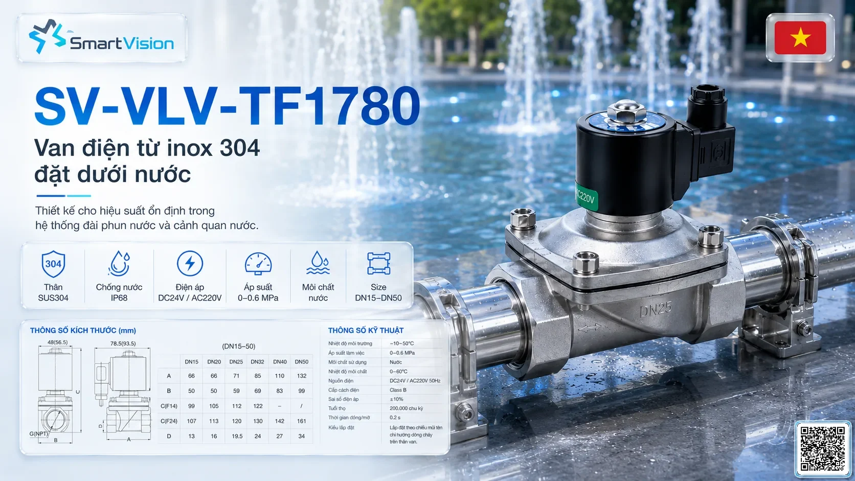 SV-VLV-TF1780 SV-VLV-TF1780 Underwater SUS304 Solenoid Valve Van điện từ cho nhạc nước, đài phun nước, Van điện IP68, Van solenoid Inox 304