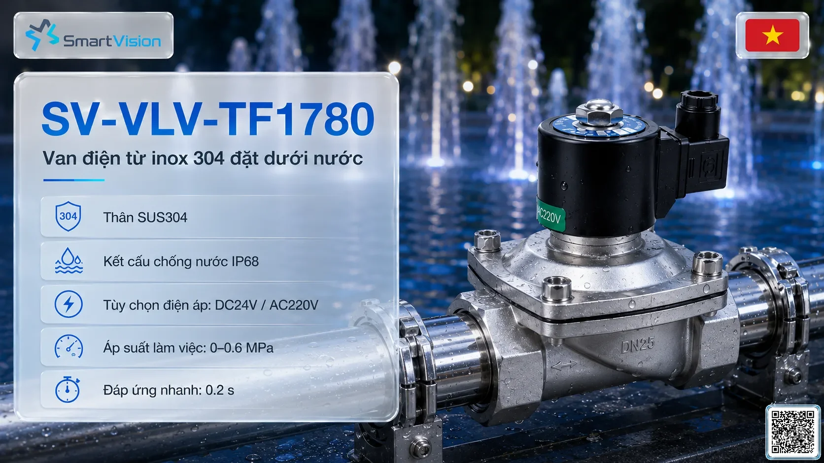 SV-VLV-TF1780 SV-VLV-TF1780 Underwater SUS304 Solenoid Valve Van điện từ cho nhạc nước, đài phun nước, Van điện IP68, Van solenoid Inox 304