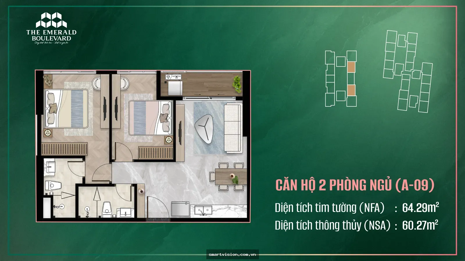 Căn hộ 2PN A-09 The Emerald Boulevard | Tối ưu nội thất