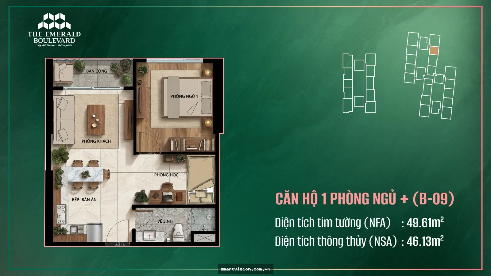 Căn hộ 1PN+ The Emerald Boulevard A-04: Tổng quan dòng sản phẩm 1pn+ cho khách mua ở thực – Giá bán tham khảo, mặt bằng, sản phẩm | THE EMERALD BOULEVARD