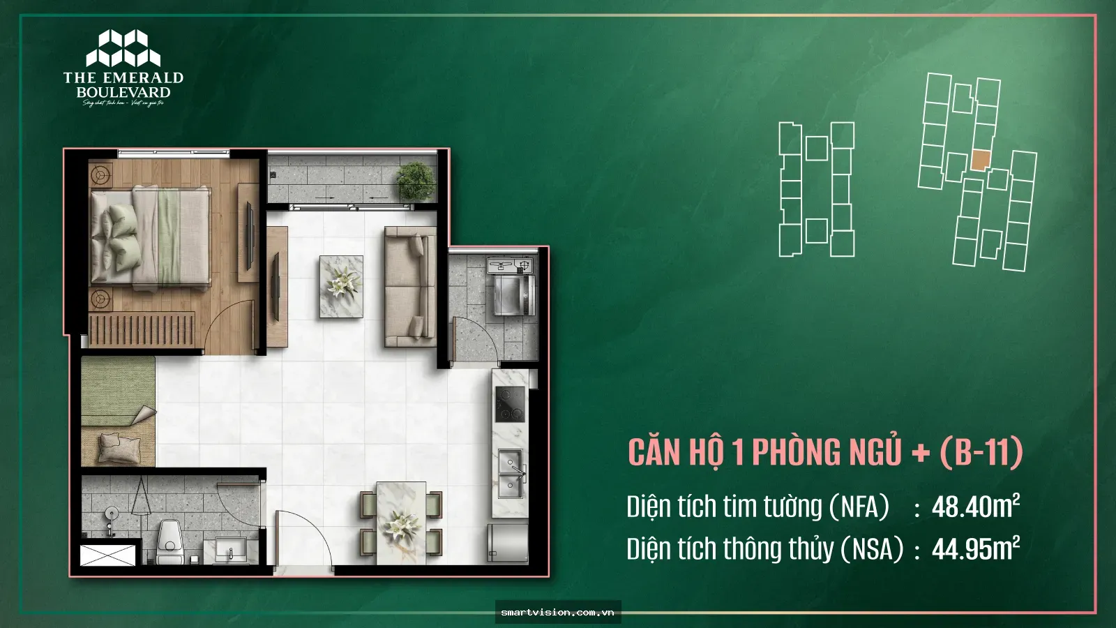 Căn hộ 1PN+ The Emerald Boulevard A-04: Tổng quan dòng sản phẩm 1pn+ cho khách mua ở thực – Giá bán tham khảo, mặt bằng, sản phẩm | THE EMERALD BOULEVARD