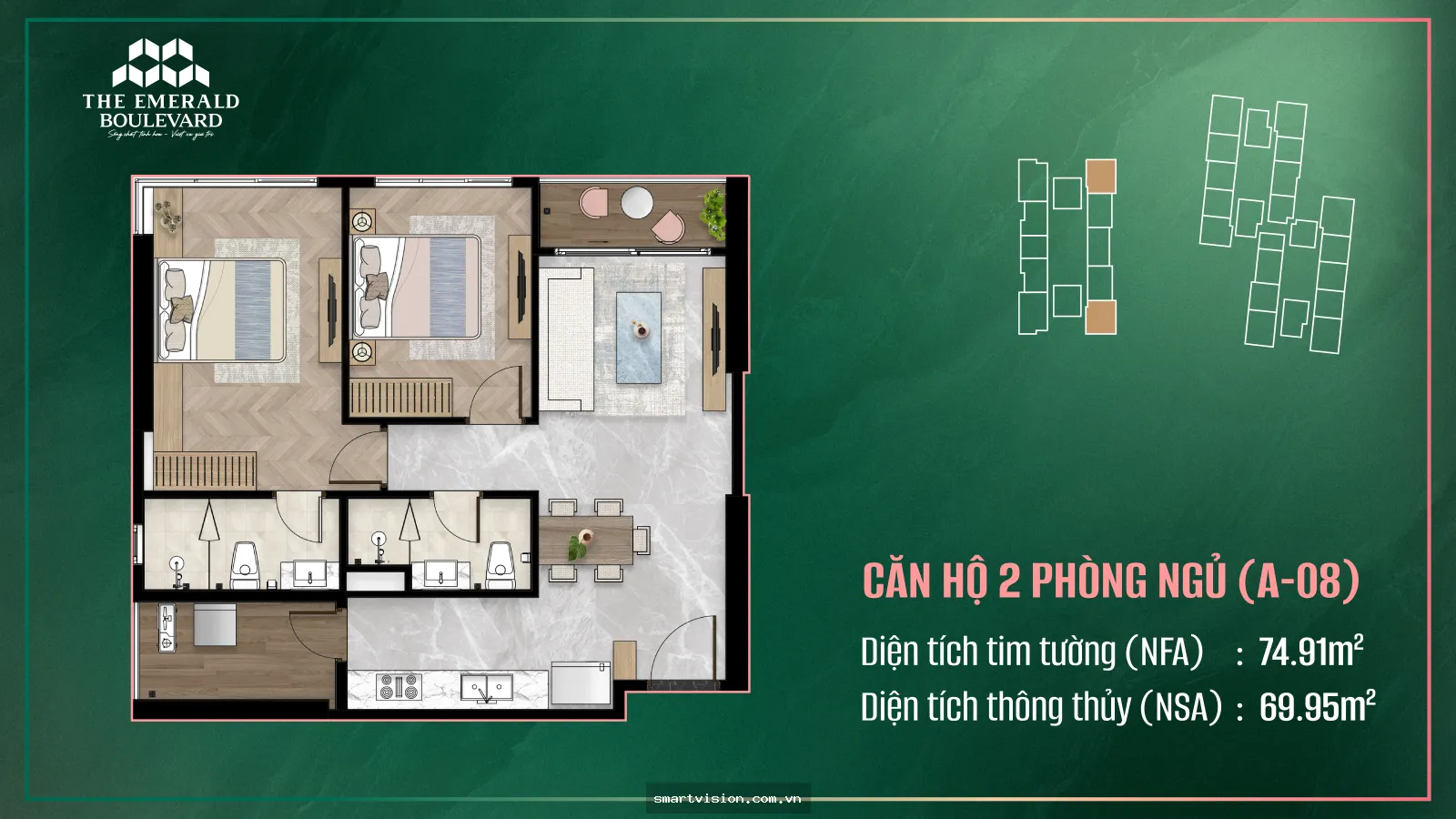 The Emerald Boulevard: căn 2PN 73m² view khu dân cư Bình Hòa | EB0249