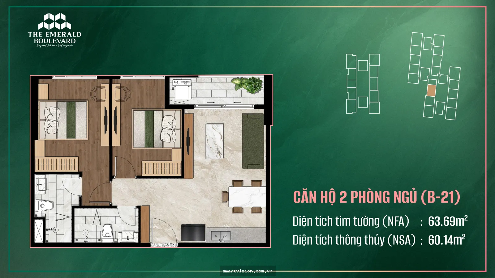 Giỏ căn đẹp The Emerald Boulevard 2PN 76m² view Đại lộ Bình Dương | EB0131